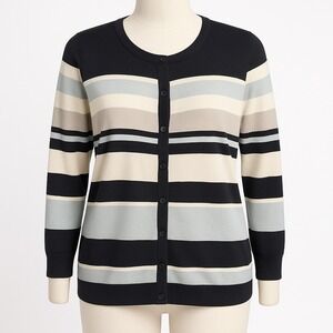 Vtg City Silk Striped Button Cardigan Sweater Women 1X XL Black Blue Y2K Minimal